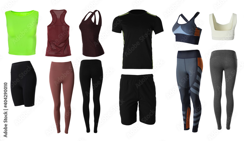 Collection of stylish sportswear on white background. Banner design